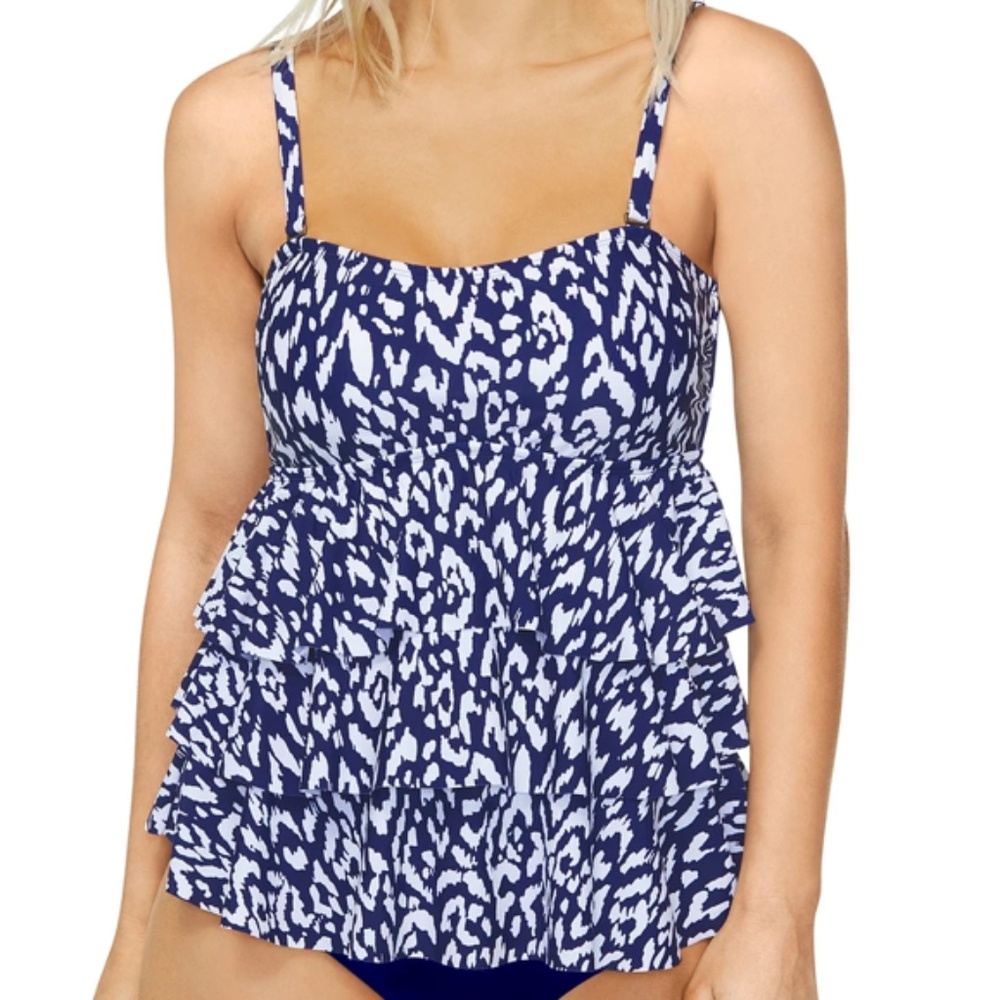 Island Escape Womens Animal Printed Tiered Tankini Top Navy Blue White Nwt 6